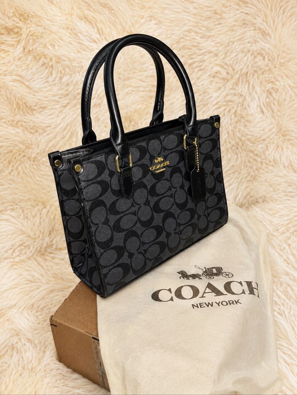 Coach Signature Canvas Tote Bag Black Charcoal Leather Trim Crossbody - Picture 3 of 4